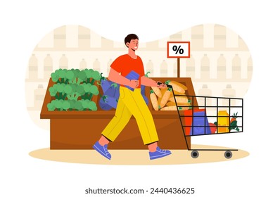 Discount vegetables concept. Man with shopping chart go in store or market with groceries. Naturl and organic products with vitamins. Carrots, broccoli and eggplants. Cartoon flat vector illustration