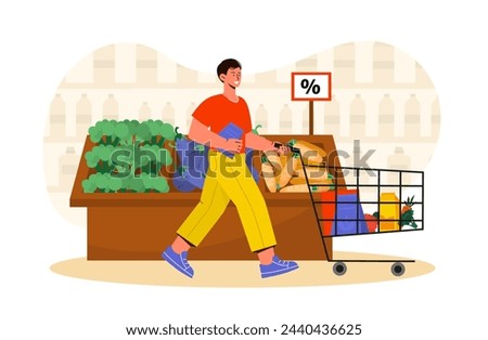 Discount vegetables concept. Man with shopping chart go in store or market with groceries. Naturl and organic products with vitamins. Carrots, broccoli and eggplants. Cartoon flat vector illustration
