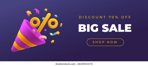 Discount voucher with cartoon 3d popper. Flying confetti, stars and percent sign, party elements, sale advertising, marketing promotion, web banner with copy space, classy vector concept