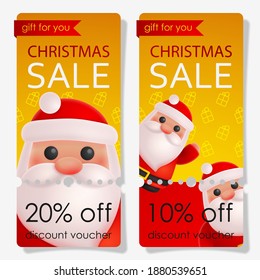 Discount voucher for christmas  sale with red santa claus and text on golden background. Vector Holiday illustration for postcard, banner, cards, decor, design, arts, advertising.