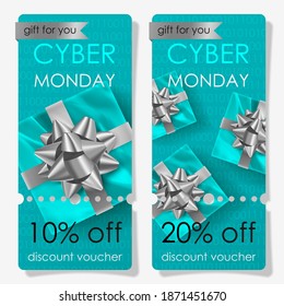 Discount voucher for cyber monday sale with foil gifts, bows and text on blue background. Vector Holiday illustration for postcard, banner, cards, decor, design, arts, advertising.