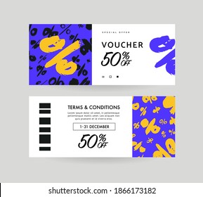 Discount voucher design, front and back sides template, sale offer concept