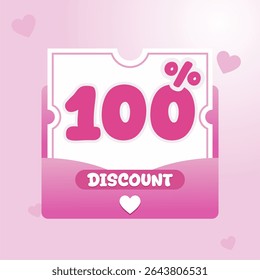 Discount voucher design in pink with heart icons and rounded typography. Ideal for Valentine sale banner, beauty product promotion, and feminine ecommerce campaign.