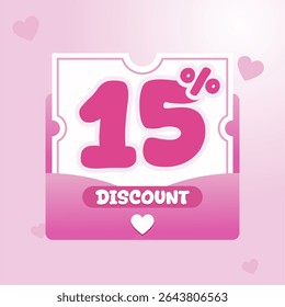 Discount voucher design in pink with heart icons and rounded typography. Ideal for Valentine sale banner, beauty product promotion, and feminine ecommerce campaign.