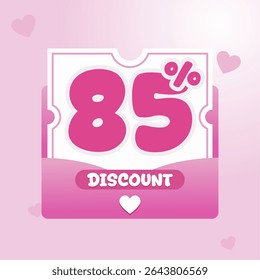Discount voucher design in pink with heart icons and rounded typography. Ideal for Valentine sale banner, beauty product promotion, and feminine ecommerce campaign.