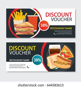 Discount voucher fast food template design. Set of pizza, sandwich, french fries, hot dog