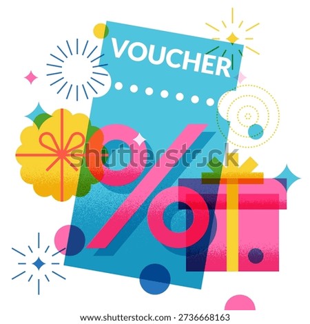 Discount voucher with gift boxes and percent sign. Sale promotion banner, poster, coupon, card design template. Vector geometric colorful flat illustration