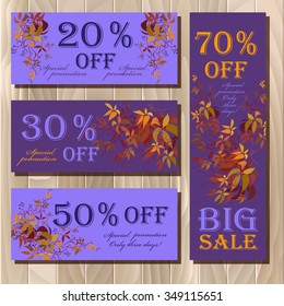 Discount, Voucher, Gift certificate, Coupon template. Vector background with autumn wild grape branches with orange red leaves for invitation, banner, ticket. Orange and violet colors.
