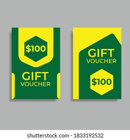 Descuento en el diseño de regalo de cupones sobre fondo verde y amarillo. Gran vector de moda, cupones de descuento, tarjetas de regalo, promoción de ventas, marketing de productos, web, medios sociales, tiendas online, etc.