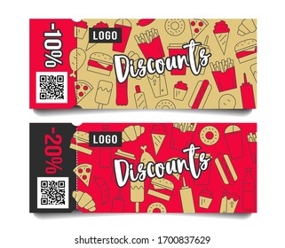 Discount voucher layout design for fast food restaurant or delivery service with trendy pattern of line icon illustrations of food and drinks with torn off part