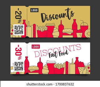 Discount voucher layout design for fast food restaurant or delivery service with trendy line icon illustrations of food and drinks forming city on the bottom of the card with torn off part