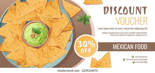 Vales de descuento, diseño de plantilla de comida mexicana.Cupón con nachos y salsa guacamole. Cartel, cartel, volante, publicidad en un restaurante