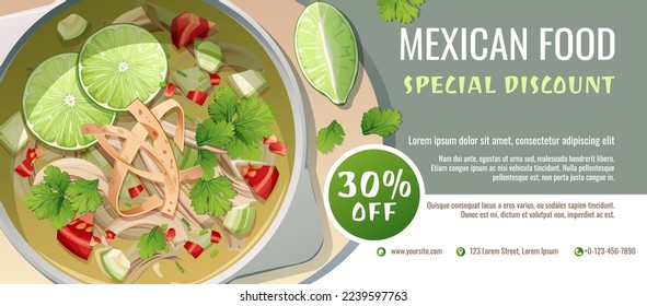 Discount voucher, mexican food template design. Coupon with lime soup and tomatoes. Banner, poster, flyer, advertising for a restaurant