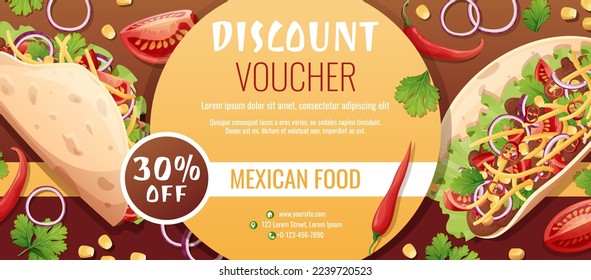 Discount voucher, mexican food template design. Coupon with tacos with pepper meat, cheese. Banner, poster, flyer, advertising for a restaurant