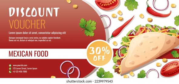 Discount voucher, mexican food template design. Coupon with tacos with pepper meat, cheese. Banner, poster, flyer, advertising for a restaurant