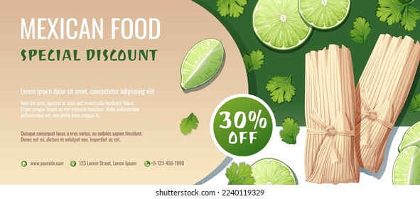 Discount voucher, mexican food template design. Coupon set with tamales and lime and cilantro. Banner, poster, flyer, advertising for a restaurant.