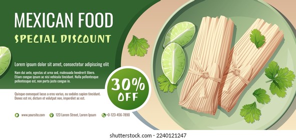 Discount voucher, mexican food template design. Coupon set with tamales and lime and cilantro. Banner, poster, flyer, advertising for a restaurant.