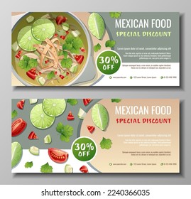 Discount voucher, mexican food template design. Coupon set with lime soup and tomatoes. Banner, poster, flyer, advertising for a restaurant