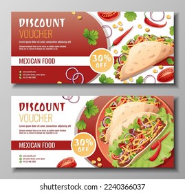 Discount voucher, mexican food template design. Coupon set with tacos with pepper meat, cheese.. Banner, poster, flyer, advertising for a restaurant