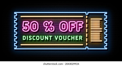 Discount Voucher Neon Signs Vector. Design Template Neon Style