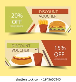 Discount voucher for restaurans and cafes. Fast food coupon or certificate with hot dog, fries, coffee, burger and space for text. Flyer template.Vector