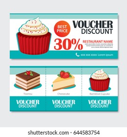 Discount voucher set of dessert template design. Set of cupcake, tiramisu, cheesecake