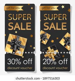 Discount voucher for super sale with golden foil gifts, bows and text on black background. Vector Holiday illustration for postcard, banner, cards, decor, design, arts, advertising, flyer.