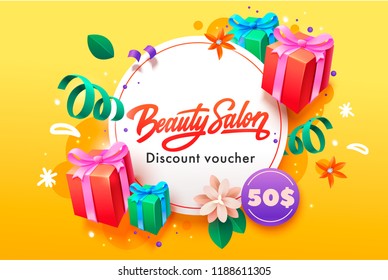 Discount voucher template for beauty salon with gift and flowers pattern - stock vector. Vector illustration.