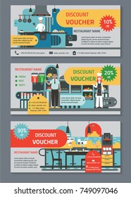 Discount voucher template for the buffet restaurant. Vector flyer. Horizontal banner with the interior, food, equipment (coffee machine, juice cooler), cooks and visitors of the canteen