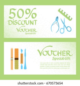 Discount voucher template. Certificate coupon for manicure and pedicure procedures. Vector illustration.