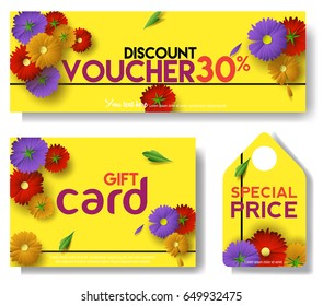 Discount voucher template with colorful flower paper cut style on yellow background - gift card, coupon, sale card, label design template - vector illustrator