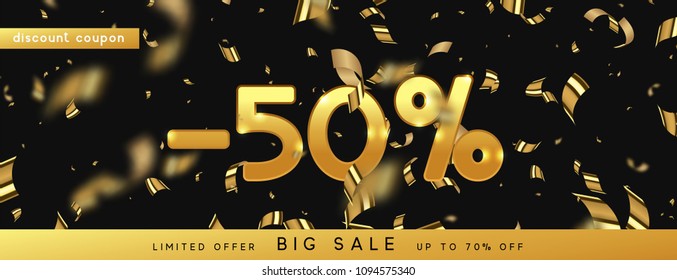 Discount voucher template design with gold confetti tinsel. Coupon card, sale banner template. 50% percent Vector illustration