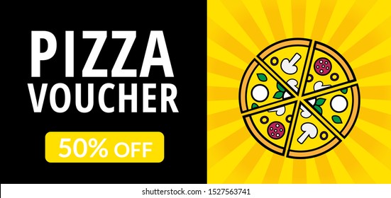 Discount voucher template with different slices of pizza on the yellow background. Vector promotional coupon with 50% sale for pizzeria, restaurant, cafe. Standard scaled size: 210*99 mm (8,3*3,4 in)