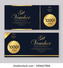 Discount voucher template with gold and black certificate. Background design coupon, invitation, currency. Set of stylish discount voucher gold and black. gift card, coupon.