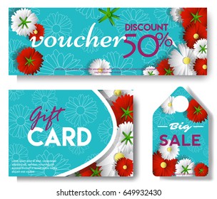 Discount voucher template with red and white flower paper cut style on blue background - gift card, coupon, sale card, label design template - vector illustrator