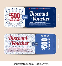 Discount voucher vector illustration with pattern on white and blue background.