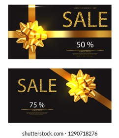 Discount voucher Vector realistic. Golden glitter card with red bow detailed 3d illustrations
