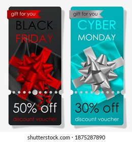 Discount vouchers for cyber monday and black friday sale with foil gifts, bows and text discount. Vector Holiday illustration for postcard, banner, cards, decor, design, arts, advertising.