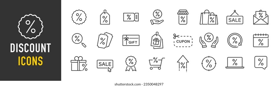 Discount web icons in line style. Sale, cupon, shopping, shop, mega sale, outlet, collection. Vector illustration.