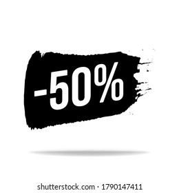 Discount white lettering on black color brush stroke. discount minus 50 percent off. Illustration for promo advertising discounts. Vector