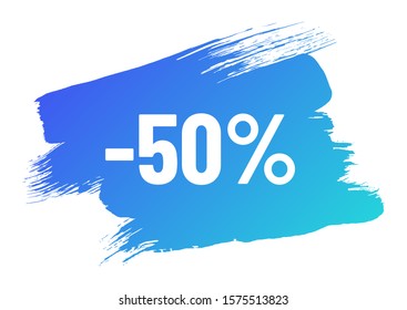 discount white lettering on blue color gradient brush stroke. discount minus 50 percent off. illustration for promo advertising discounts