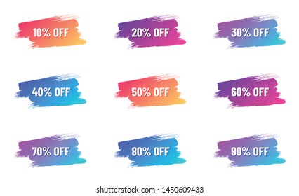 discount white letterings on color gradient brush strokes. discount from 10 to 90 percent off. illustration for promo advertising discounts