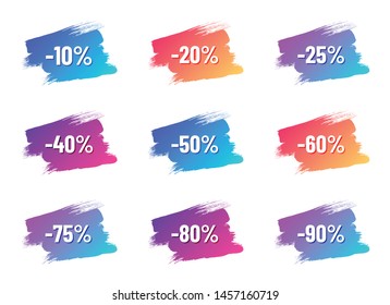 discount white letterings with shadows on color gradient brush strokes. discount from 10 to 90 percent off. illustration for promo advertising discounts