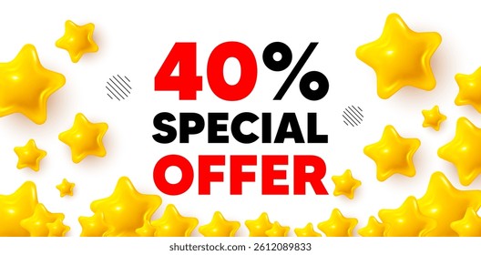 Discount winner banner with 3d stars. Golden stars banner. 40 percent discount offer tag. Sale price promo sign. Special offer symbol. Review rate background. Vector
