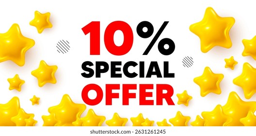 Discount winner banner with 3d stars. Golden stars banner. 10 percent discount offer tag. Sale price promo sign. Special offer symbol. Review rate background. Vector