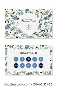 Discounted loyalty card with watercolor blue wildflowers and rustic leaves. Vector