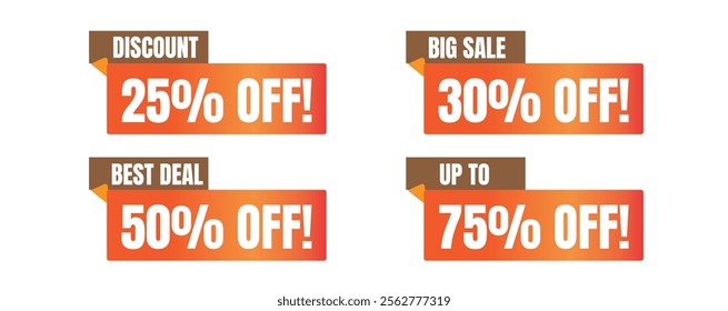 Discounted Offer, Big Sale, Best Deal, Up To 75%, Percent Off Stickers, Banner labels set. Discounts numbers from 25%, 30%, 50% to 75% OFF!! Vector Illustration on transparent background.