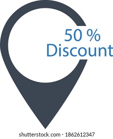 concepto de localizador de tienda con descuento, reducción de precio del 50 por ciento en el diseño de iconos vectoriales de ramas nominadas, símbolo de venta de viernes negro y lunes cibernético en fondo blanco
