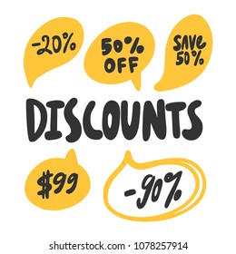 Discounts. -20%, 50% off, save, $99, -90%. Sticker for social media content. Vector hand drawn illustration design. Bubble pop art comic style poster, t shirt print, post card, video blog cover