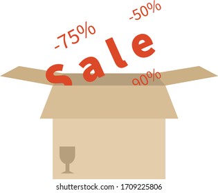 Rabatte 50, 75, 90% Box mit dem Etikett "fragil".  Flaches Vektorillustration-Illustration